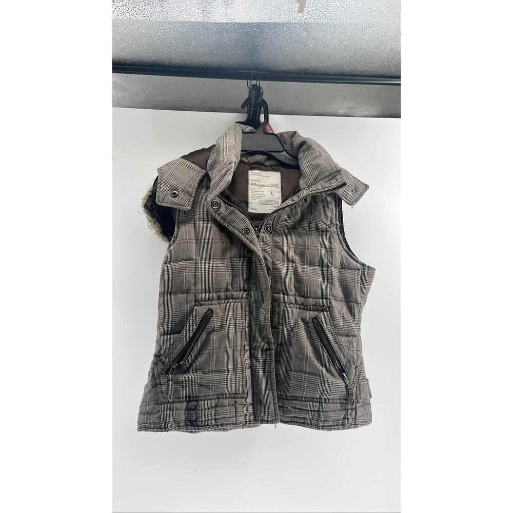 Aeropostale Womens Brown Plaid Puffer Vest Faux Fur Hood L